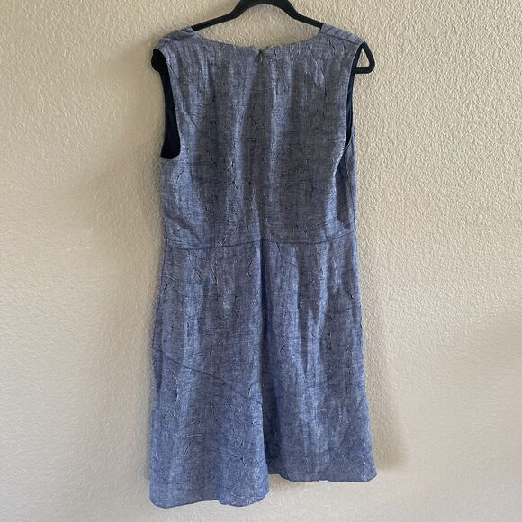 TAHARI Dress Womens 12 Blue Linen Chambray Elliot Fit & Flare Floral Stitch - Picture 3 of 8
